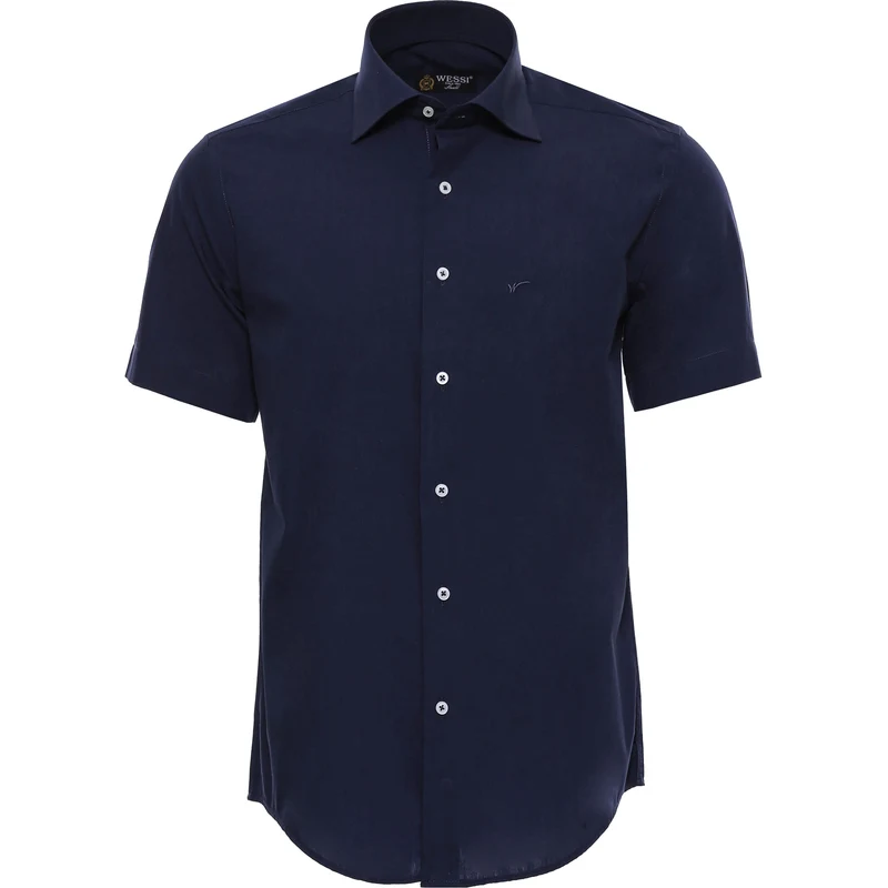 Wessi Short Sleeve Poly Cotton Navy Blue Slim Fit Shirt