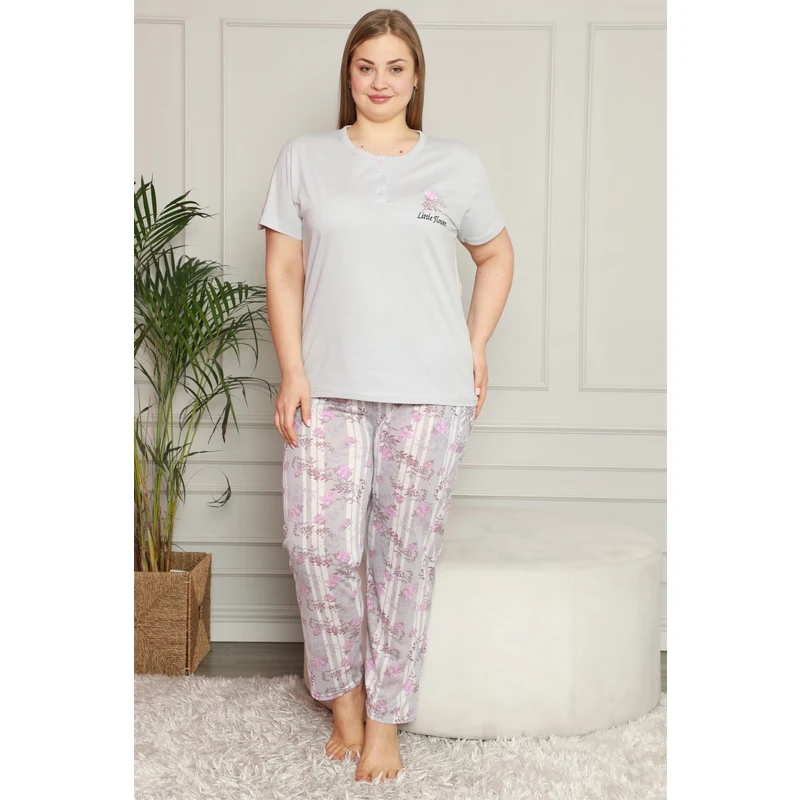 Akbeniz Kadın %100 Pamuk Cepli Kısa Kol Büyük Beden Pijama Takım 202072