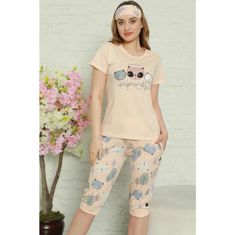 Akbeniz Kadın %100 Pamuk Penye Kısa Kol Kapri Pijama Takım 3549
