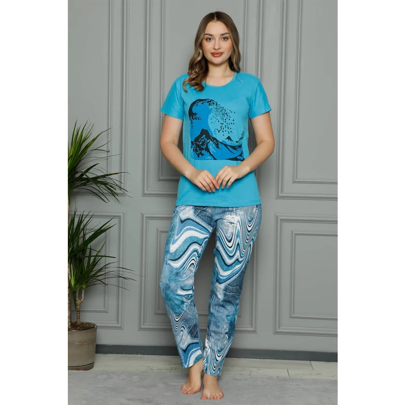 Akbeniz Kadın %100 Pamuk Penye Kısa Kol Pijama Takım 3386