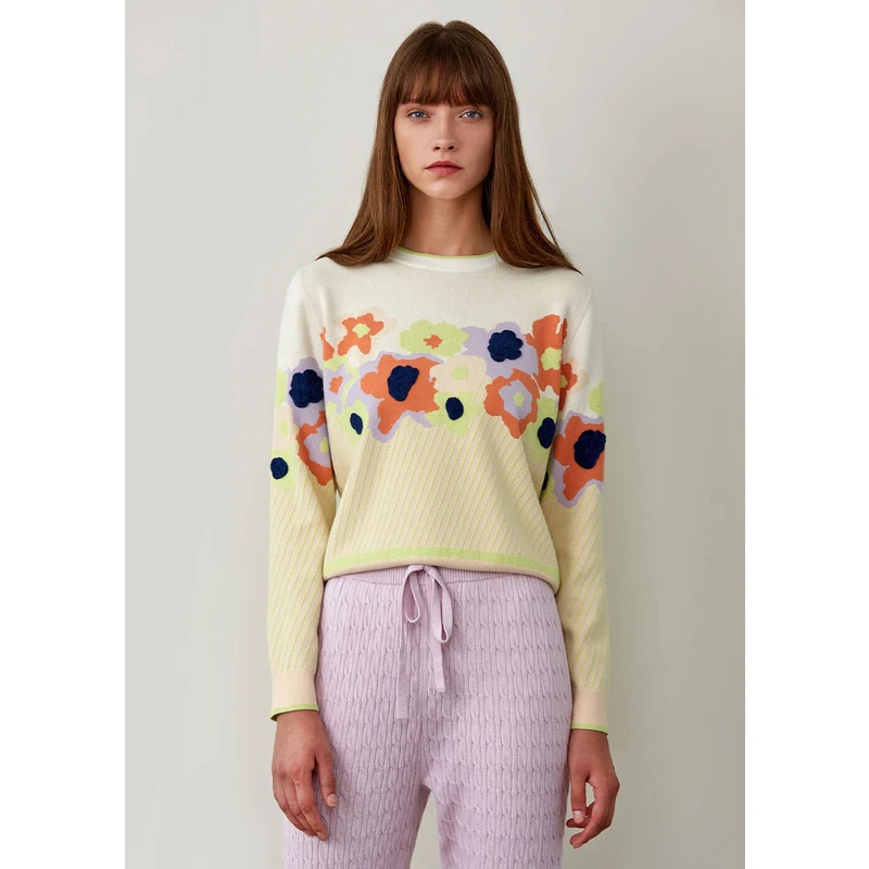 Flower Patterned Crew Neck Knıt Sweater