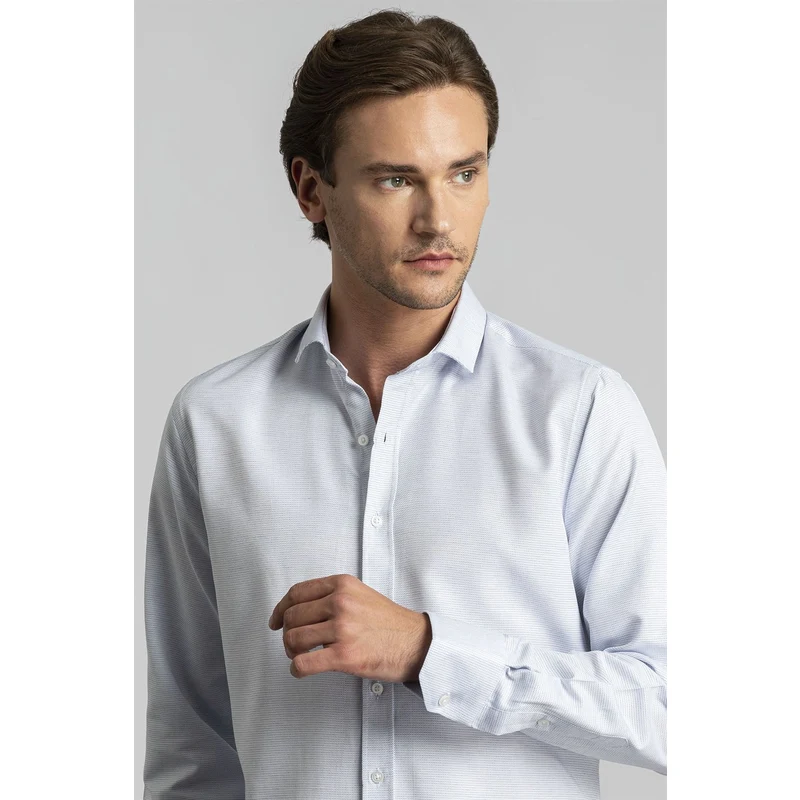 TUDORS Modern Slim Fit Pamuklu Kolay Ütü Armürlü Erkek Beyaz Gömlek