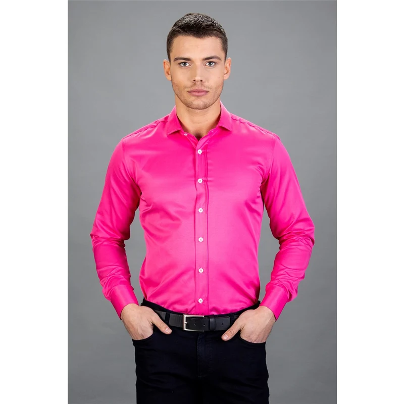 TUDORS Modern Slim Fit Düz Saten Pamuklu Erkek Pembe Gömlek