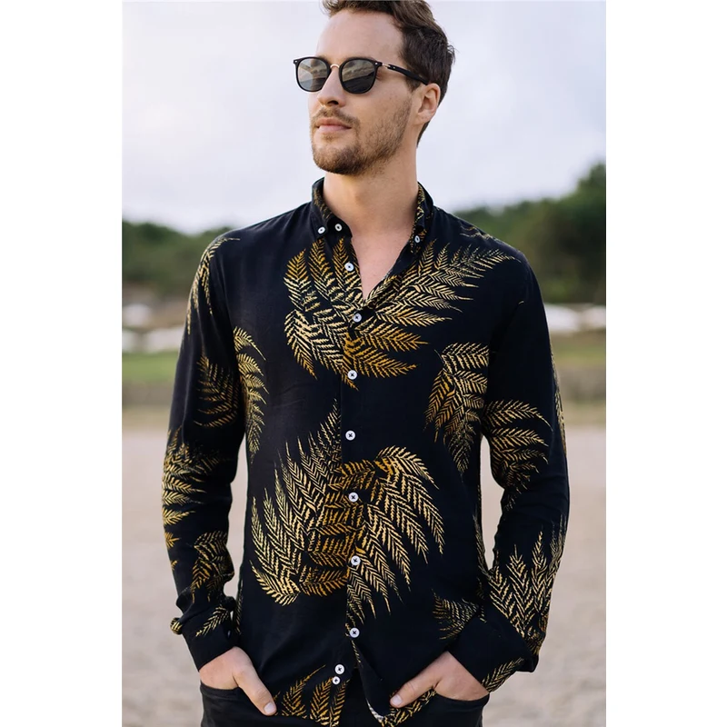 TUDORS Slim Fit Dar Kesim Baskılı Viskon Erkek Gömlek