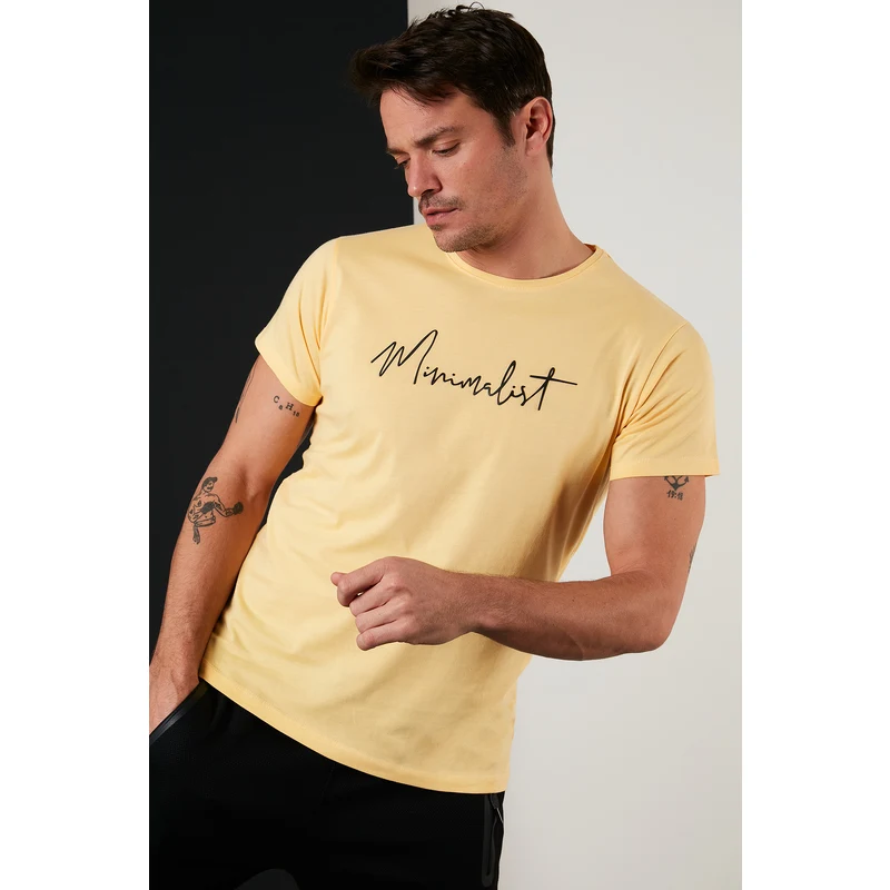 Buratti Baskılı % 100 Pamuk Bisiklet Yaka Slim Fit Erkek T Shirt 541enjmınımalıst Sarı