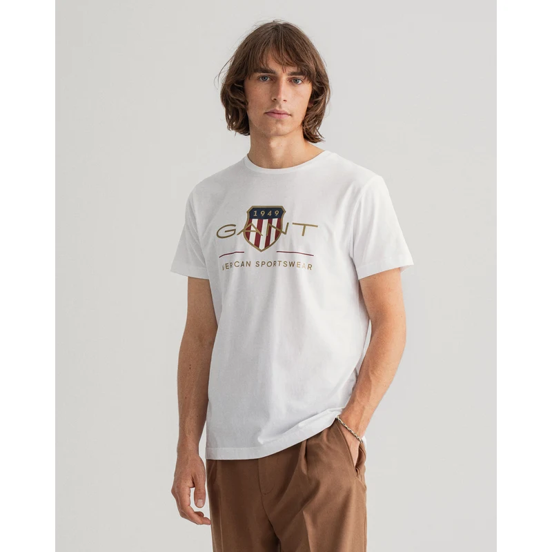 GANT Erkek Beyaz Regular Fit Bisiklet Yaka Logolu T-shirt TZ9024