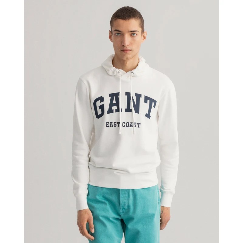 GANT Erkek Beyaz Regular Fit Kapüşonlu Logolu Sweatshirt