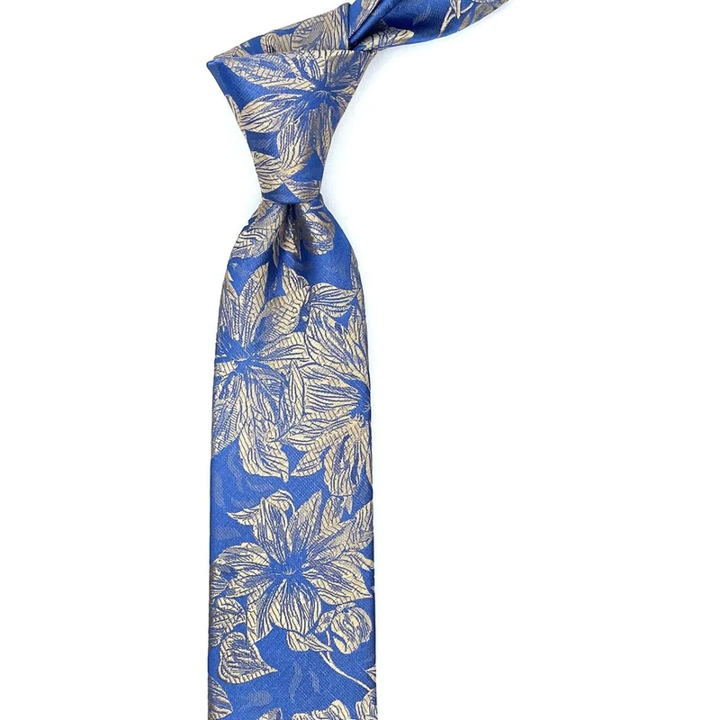 Kravatkolik Mavi - Bej Çiçek Desen İnce Kravat SK7606