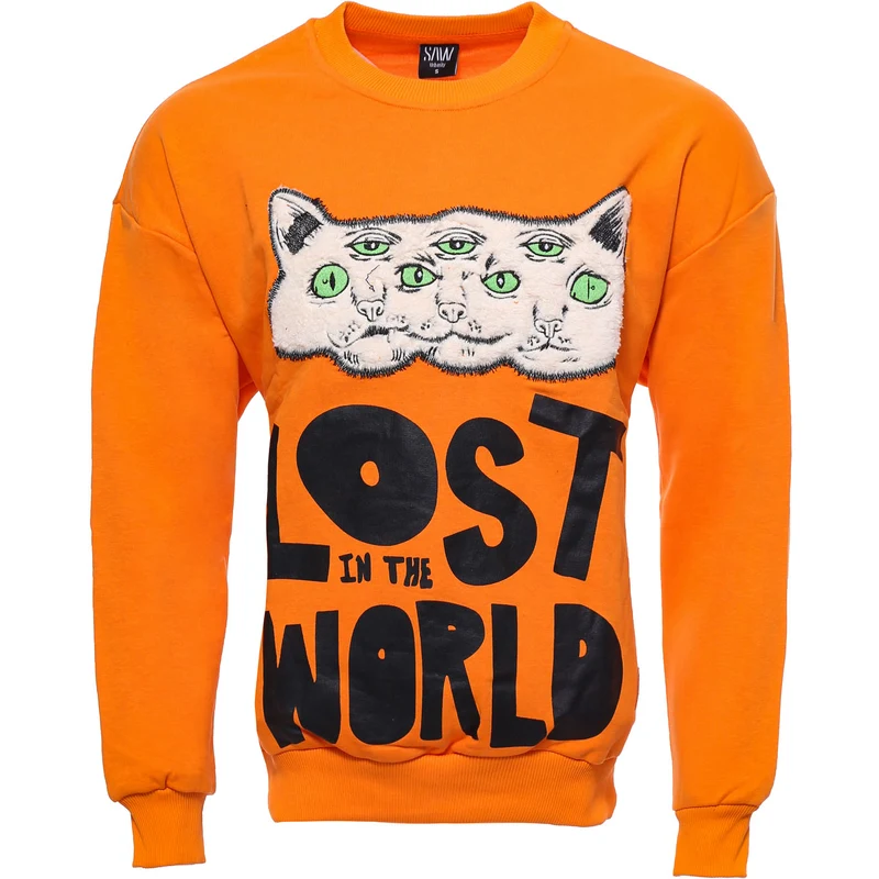 Wessi Orange Circle Neck Cat Printed Sweatshirt