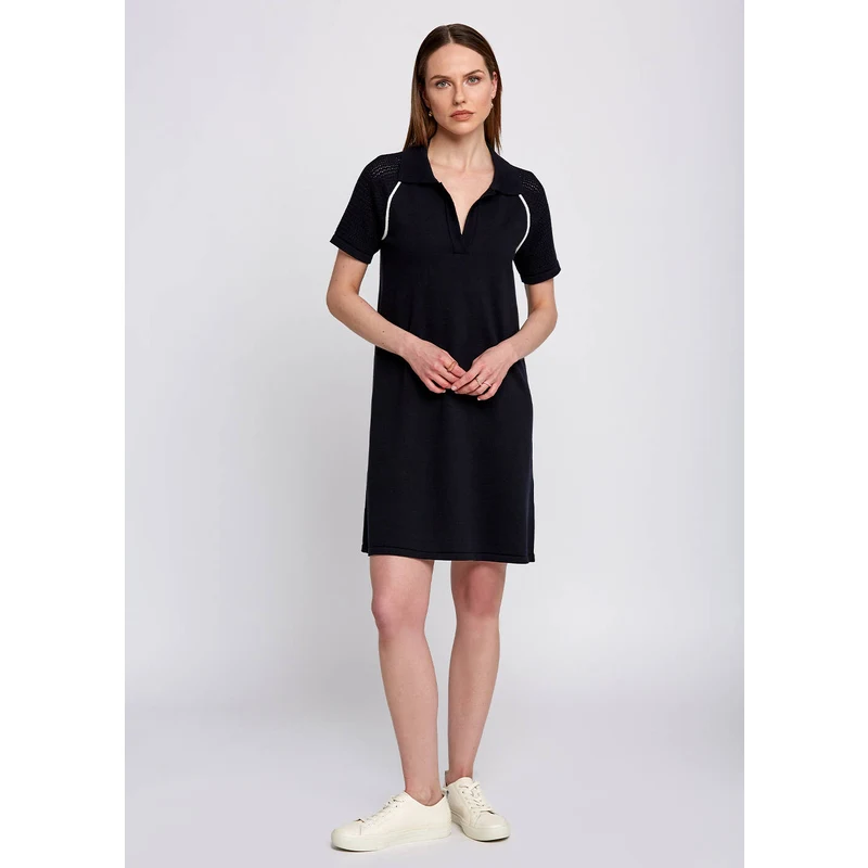 Organic Cotton Contrast Piping Detail Navy Knit Dress
