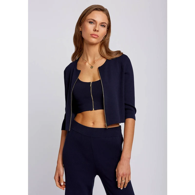 Zip Front Fitted Navy Cropped Knit Cardigan
