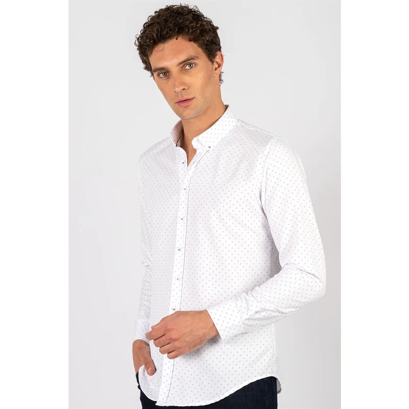 TUDORS Slim Fit Pamuklu Kolay Ütü Desenli Erkek Beyaz Gömlek