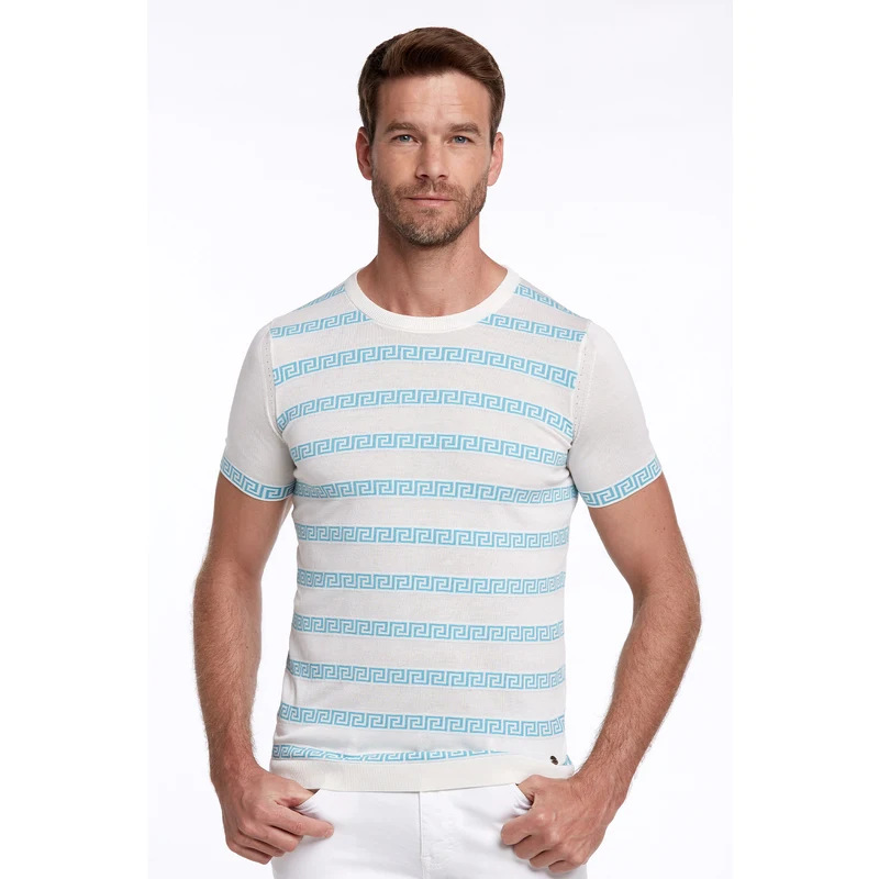 Hemington İpek Karışımlı Çizgi Desenli Beyaz Triko T-Shirt