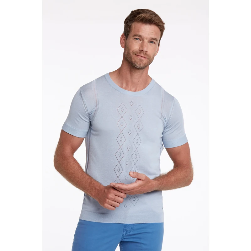 Hemington İpek Karışımlı Desenli Açık Mavi Triko T-Shirt