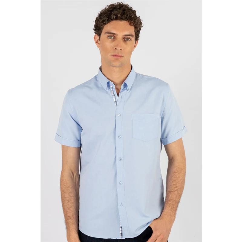 TUDORS Klasik Fit Kısa KolPamuklu Kolay Ütü Oxford Düz Erkek Mavi Gömlek