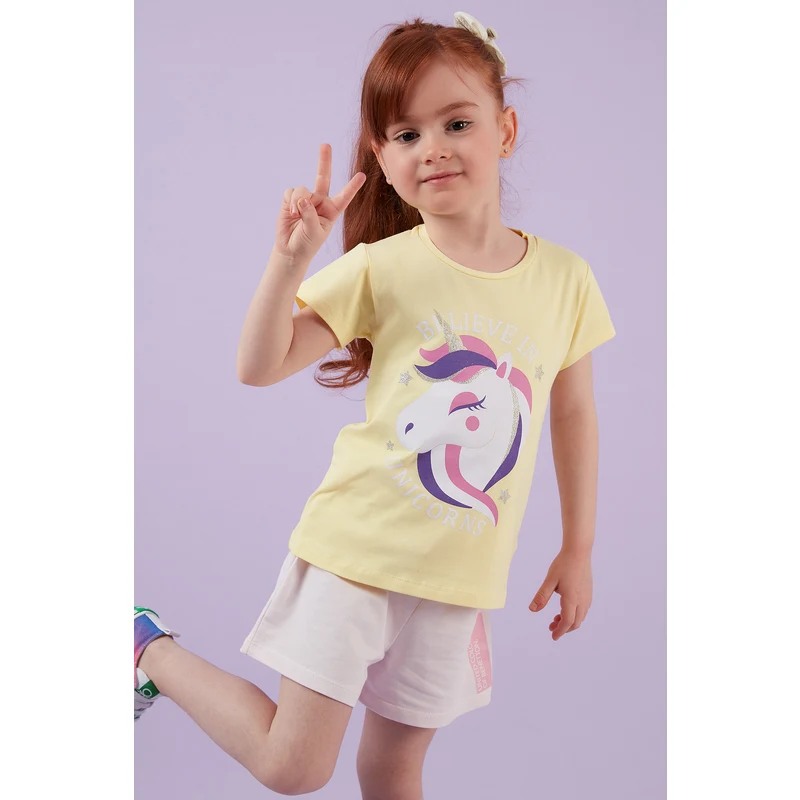 Lela Baskılı Bisiklet Yaka Pamuklu Kız Çocuk T Shirt 6211036 Sarı