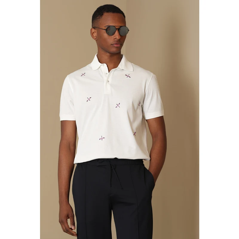 Lufian % 100 Pamuklu Örme Düğmeli Erkek Polo T Shirt 111040100 Kırık Beyaz