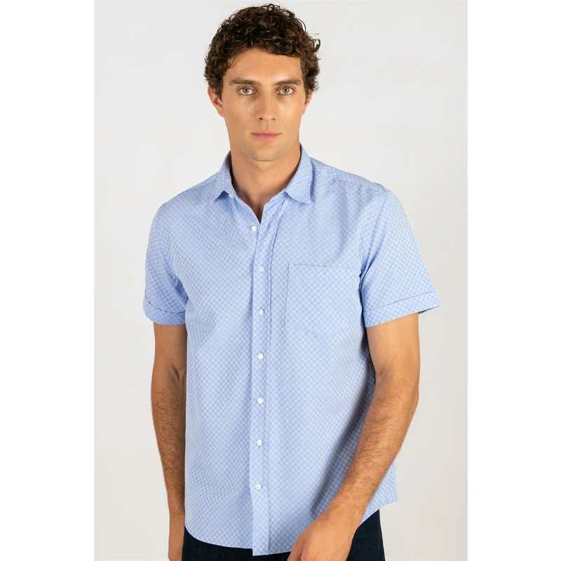 TUDORS Klasik Fit Kısa Kol Pamuklu Kolay Ütü Armürlü Erkek Mavi Gömlek