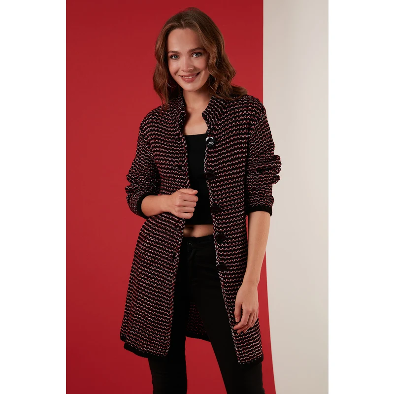 Lela Regular Fit Düğmeli Dik Yaka Örme Bayan Hırka 6310012 Siyah-kırmızı