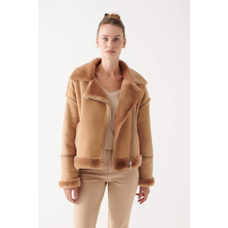Black Noble MELISSA Kadın Camel Kürklü Deri Ceket
