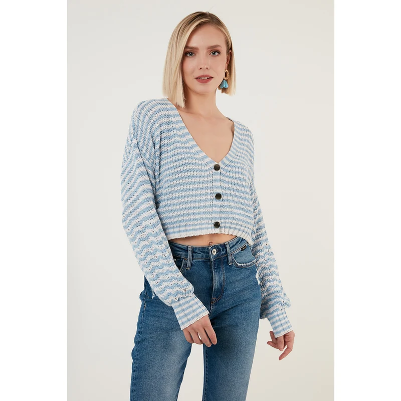 Lela Çizgili Düğmeli V Yaka Crop Bayan Hırka 6071456 Mavi ZN8507