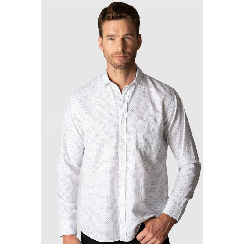 TUDORS Klasik Fit Pamuklu Kolay Ütü Baskılı Erkek Beyaz Gömlek