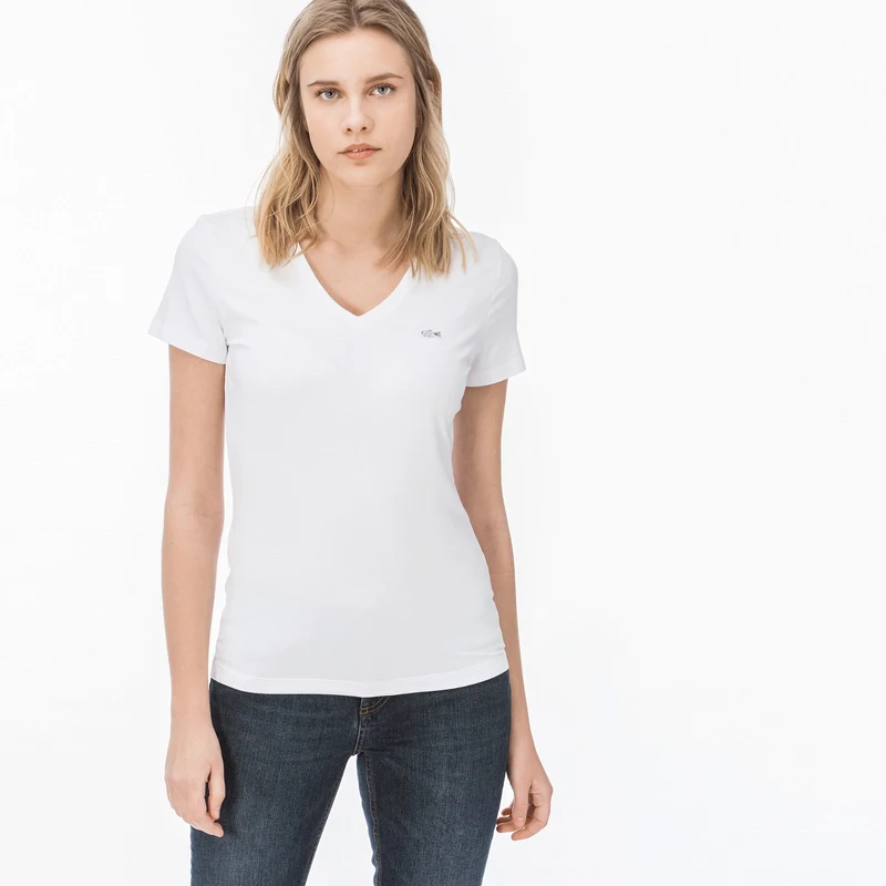 Lacoste Kadın Slim Fit V Yaka Beyaz T-Shirt.TF0999.001