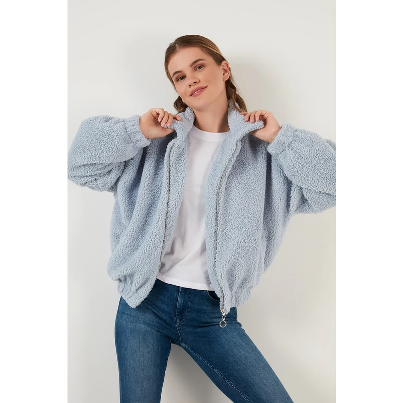 Lela Oversize Fermuarlı Yumuşak Tüylü Mont Bayan Kürk 42190017 Bebe Mavi ZN10056