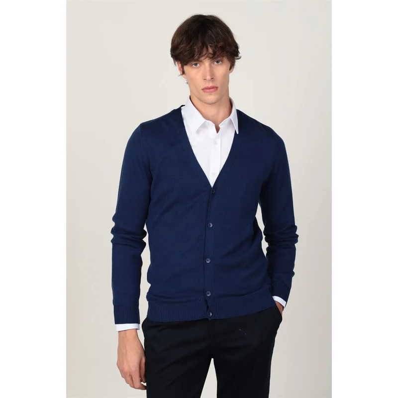 TUDORS Slim Fit Düğmeli Düz Pamuk Erkek Lacivert Hırka