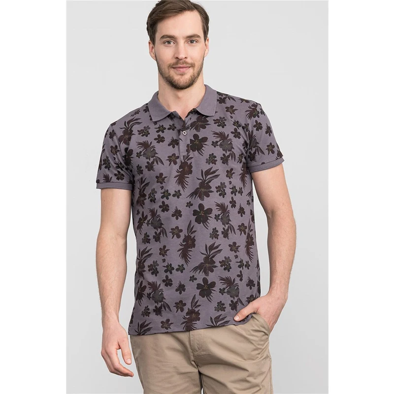TUDORS Slim Fit Baskılı Polo Yaka Erkek Gri Tişört
