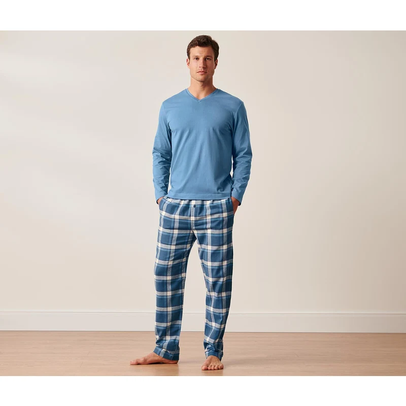 Tchibo Flanel Pijama Takımı Mavi Kareli