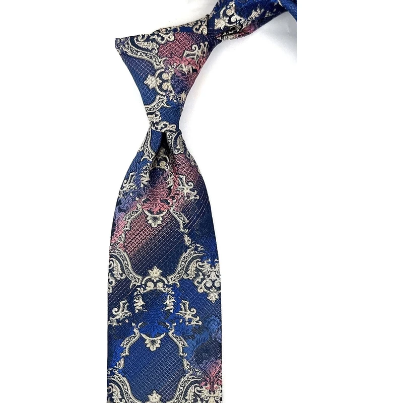 Kravatkolik Mavi - Pembe Motif Desen Mendilli Klasik Kravat KK11160