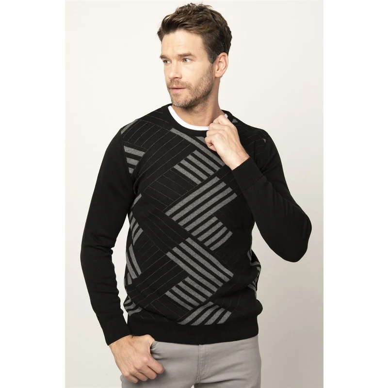 TUDORS Slim Fit Bisiklet Yaka Desenli Erkek Gri Kazak RQ8791