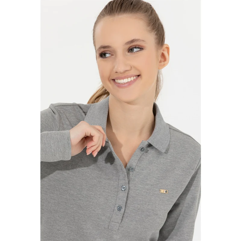 U.S. Polo Assn. Kadın Gri Melanj Basic Polo Yaka Sweatshirt
