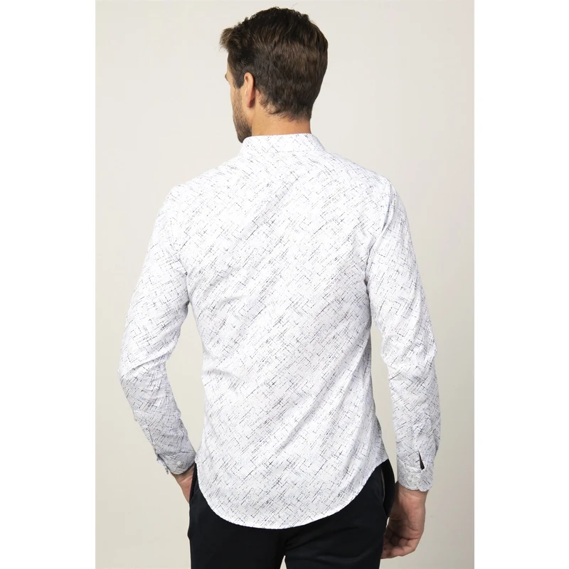 TUDORS Slim Fit Desenli Pamuklu Kolay Ütü Erkek Beyaz Gömlek RQ9545