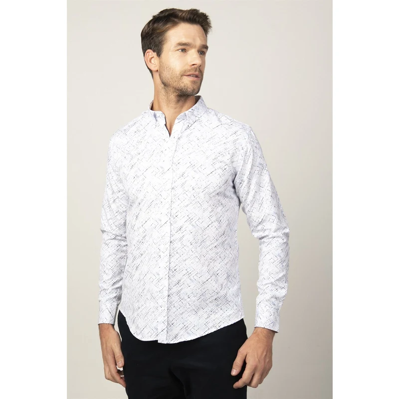 TUDORS Slim Fit Desenli Pamuklu Kolay Ütü Erkek Beyaz Gömlek