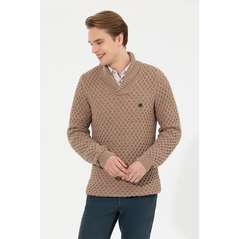 U.S. Polo Assn. Erkek Camel Melanj Şal Yaka Triko Kazak