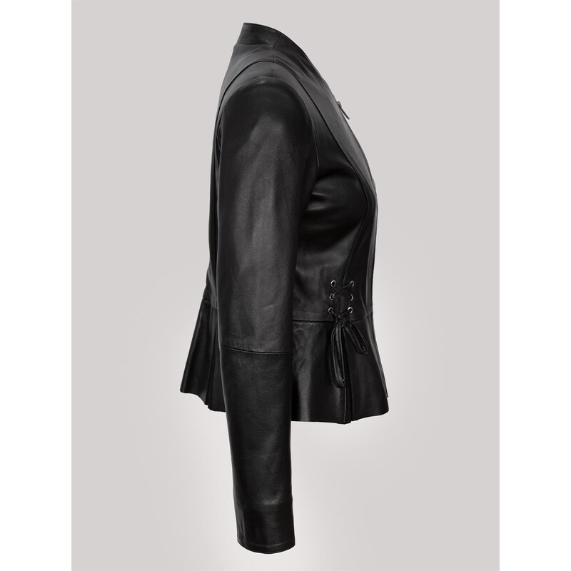 Derimont's Hakiki Deri Siyah Bel İp Detaylı Fermuarlı Kadın Deri Ceket