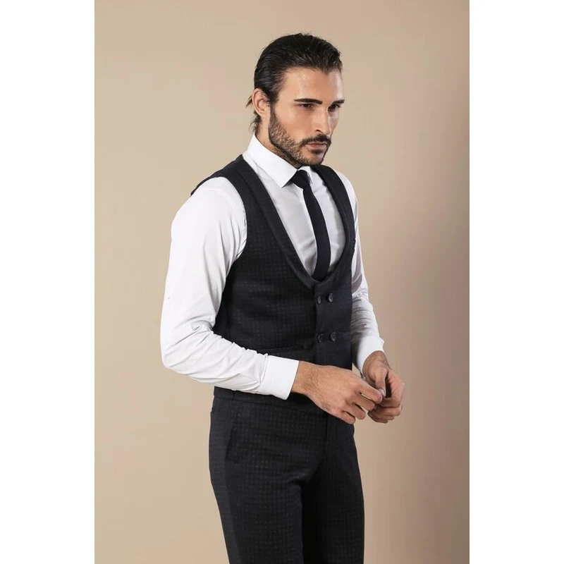 Wessi Patterned Double Breasted Navy Blue Waistcoat & Trousers