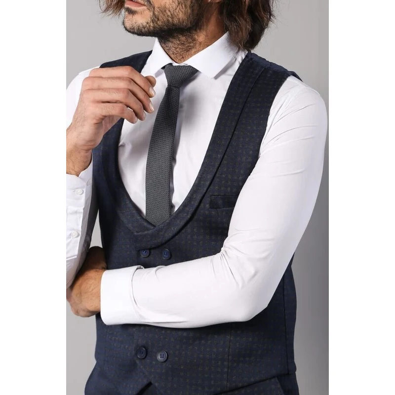 Wessi Patterned Double Breasted Dark Navy Waistcoat & Trousers