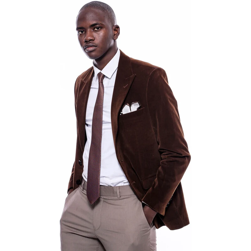 Wessi Wide Peak Lapel Velvet Brown Men Blazer