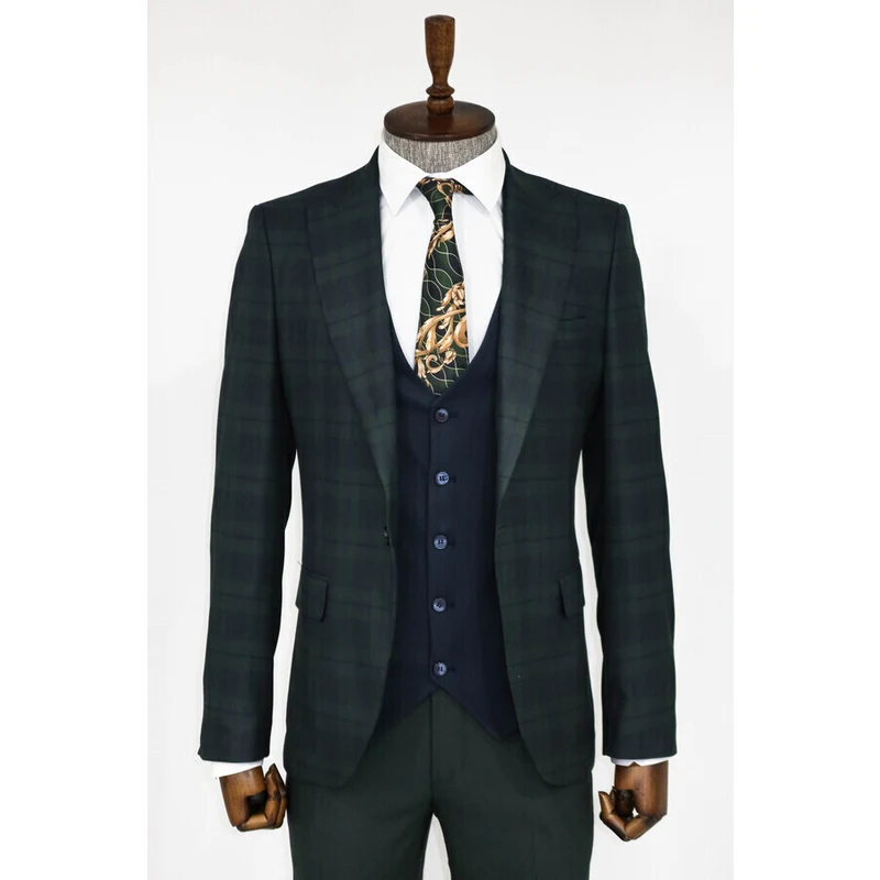 Wessi Slim Fit Checked Green Men Suit