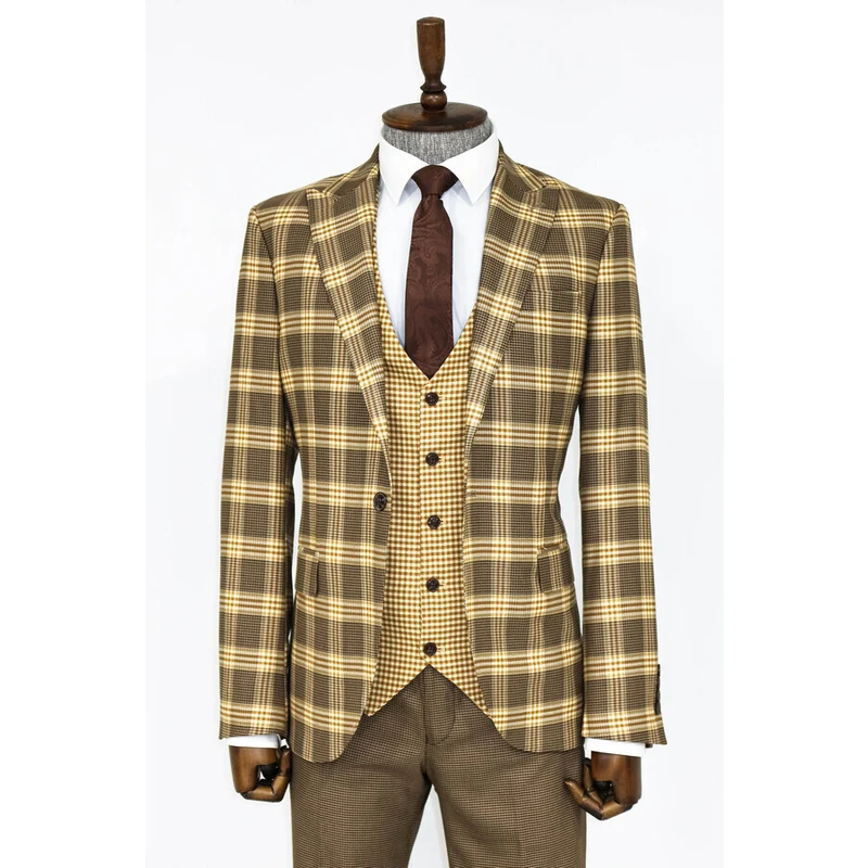 Wessi Slim Fit Patterned Checked Light Brown Men Suit