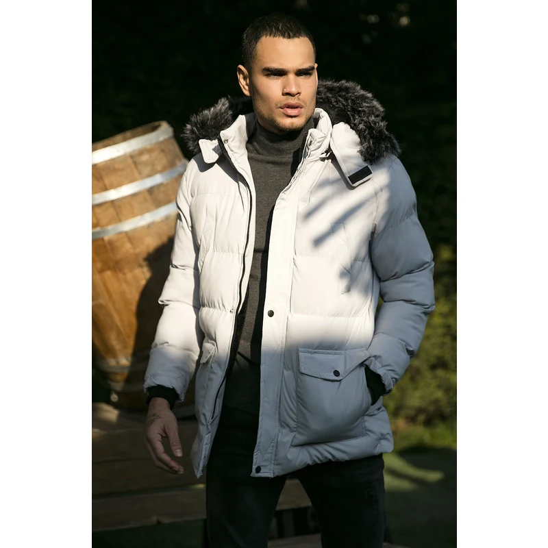 Buratti Peluş Astarlı Yakası Tüylü Çıkarılabilir Kapüşonlu Slim Fit Erkek Mont 5711437 Gri