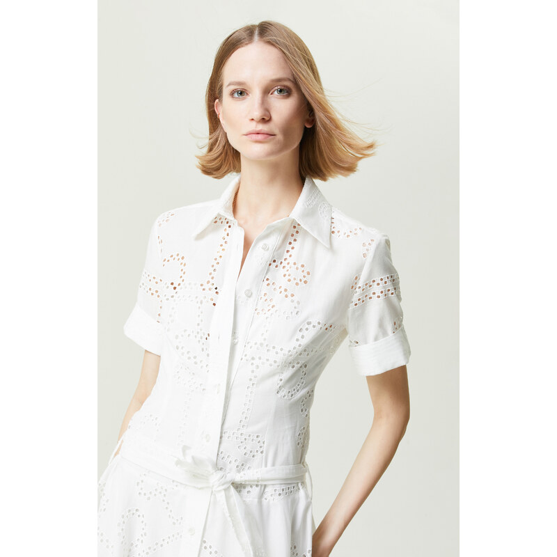 NetWork Beyaz Uzun Kollu Gömlek Yaka Güpür Elbise