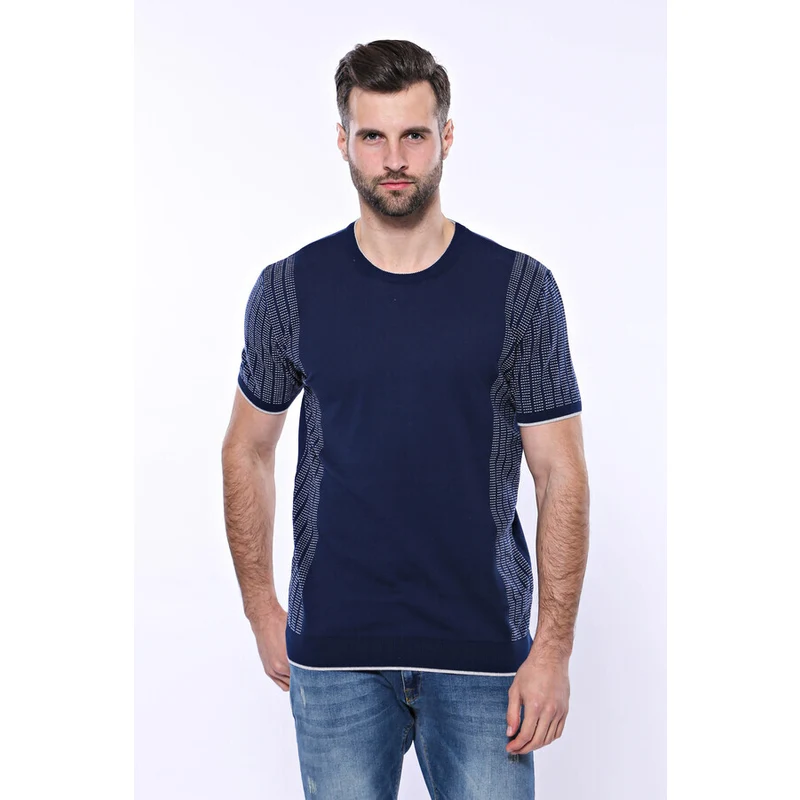 Wessi Circle Neck Patterned Navy Knitted T-Shirt