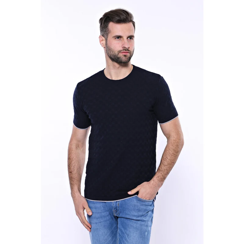 Wessi Navy Blue Patterned Tricot Knitted T-Shirt