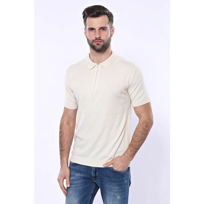 Wessi Polo Neck Plain Cream Knitted T-Shirt