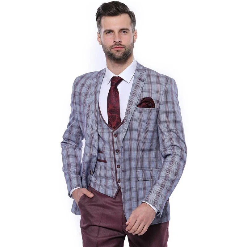 Wessi Checked Burgundy Men Suit