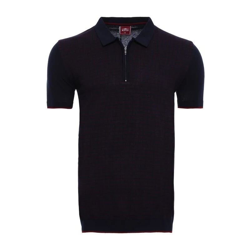 Dark Blue Plaid Zippered Knitted Polo T-Shirt | Wessi